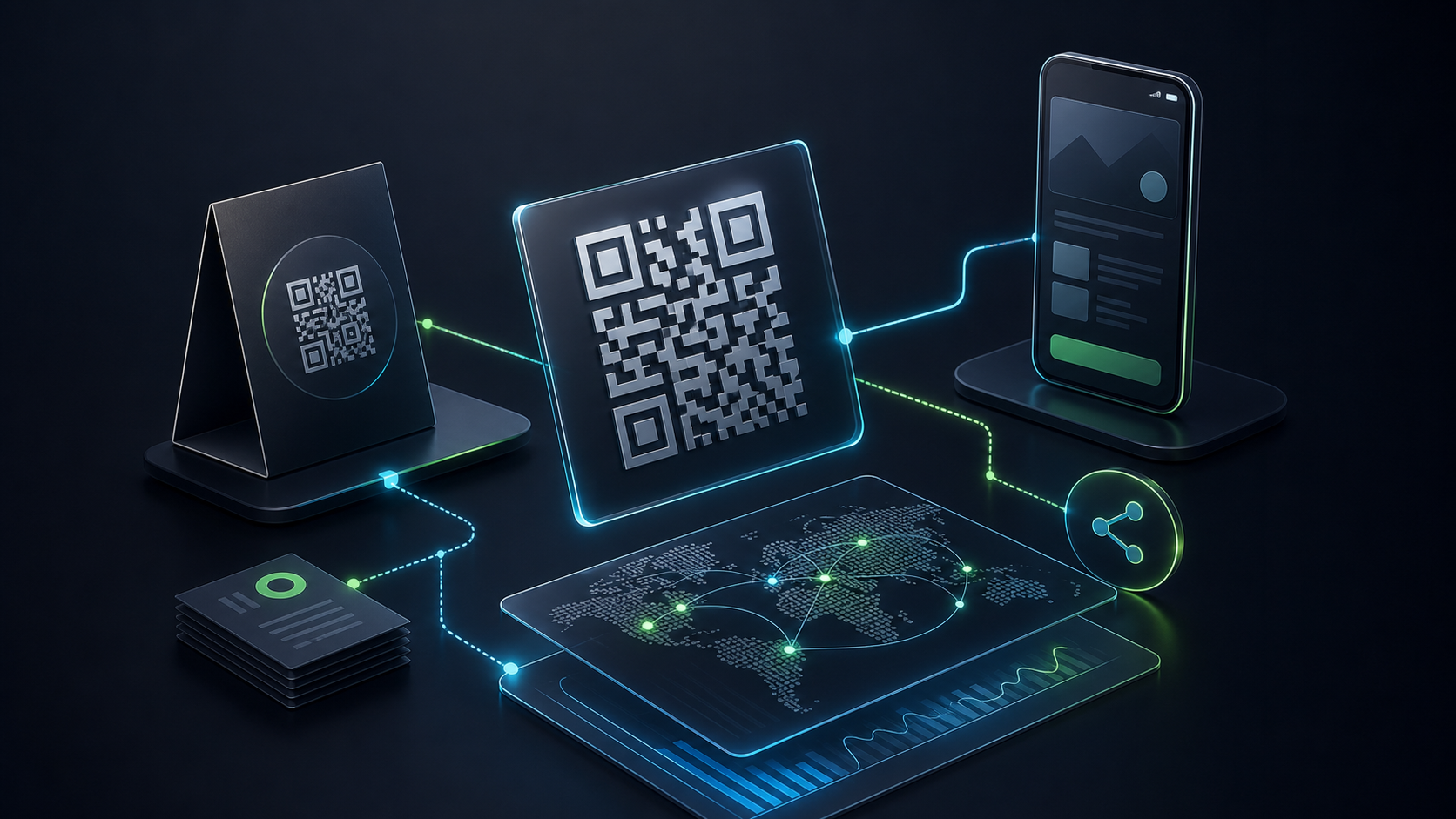 Abstract QR code, mobile Quest Page, printed table tent, shareable link paths, analytics map, and connected customer journey for Quest Relay.