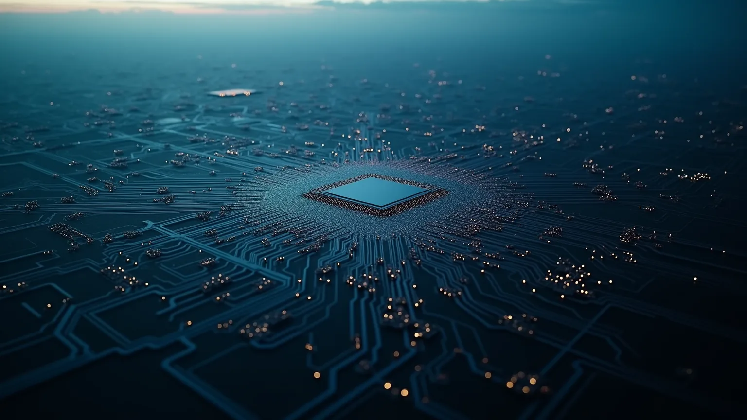 A vast circuit landscape seen from above, its channels reading as city streets, with a single processor at the centre.