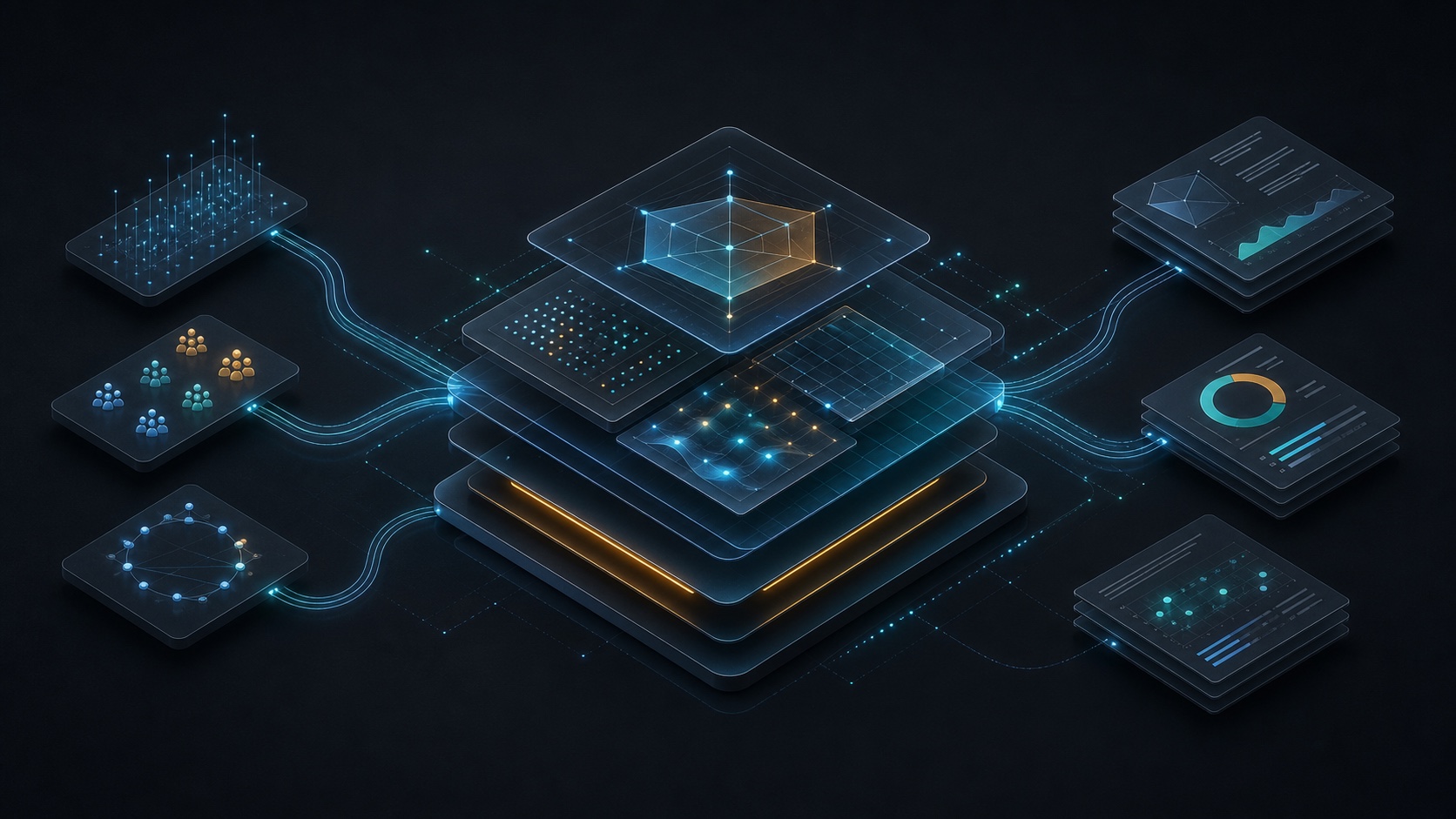 Diagnostic maps, assessment matrices, cohort signal patterns, and synthesized report layers forming an AI-native instrument system.