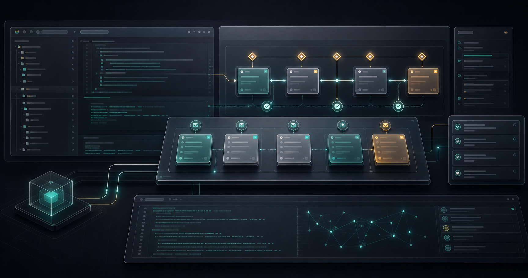 Abstract IDE and terminal control surface with contract cards, phase gates, local Command Deck board, and human approval checkpoints.