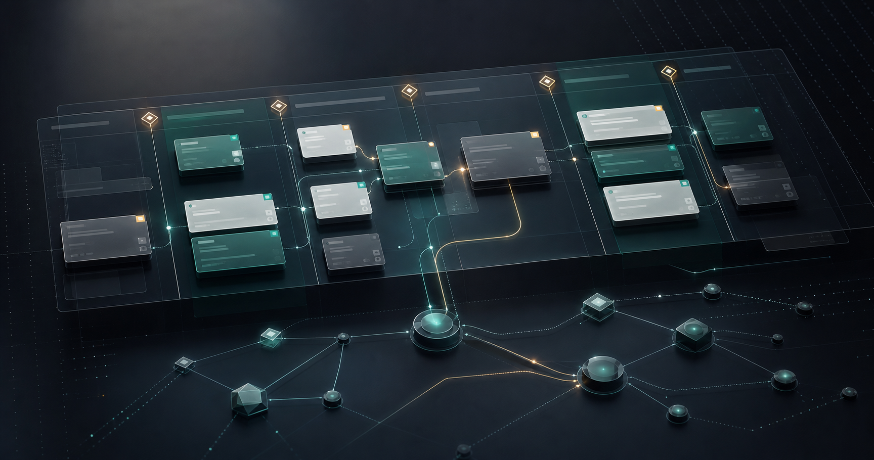 Abstract agent-native project board with delivery contract cards, shared memory nodes, MCP signal paths, and governed work stages.